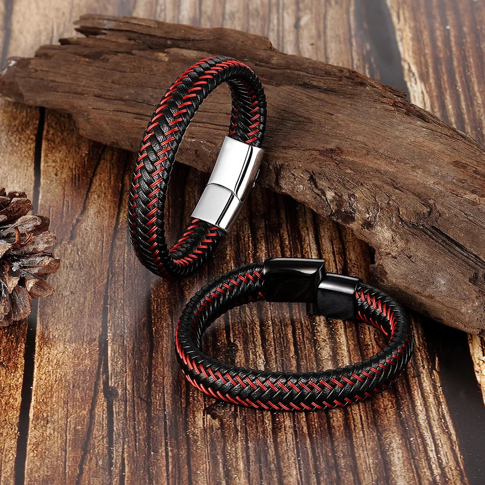 Men's Leather Rope Bracelet - Stainless Steel Magnetic Clasp