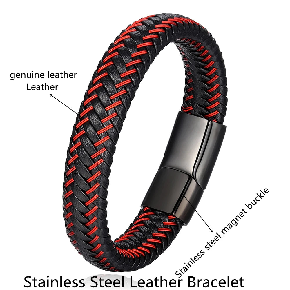 Men's Leather Rope Bracelet - Stainless Steel Magnetic Clasp