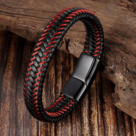 Men's Leather Rope Bracelet - Stainless Steel Magnetic Clasp