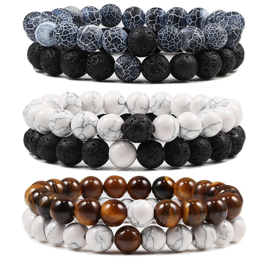 Couple's Distance Beaded Bracelet Set - Natural Lava Stone & Tiger Eye Yoga Bracelets