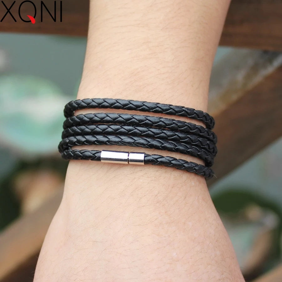 XQNI Black Retro Wrap Long Leather Bracelet - 5-Lap Chain Link for Men