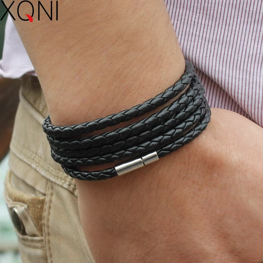 XQNI Black Retro Wrap Long Leather Bracelet - 5-Lap Chain Link for Men