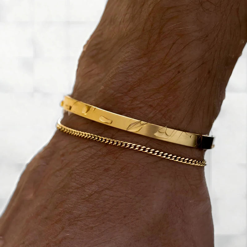 Stackable Men's Bracelets - 925 Sterling Silver & 14K Gold Plated Cuff Bracelet Set