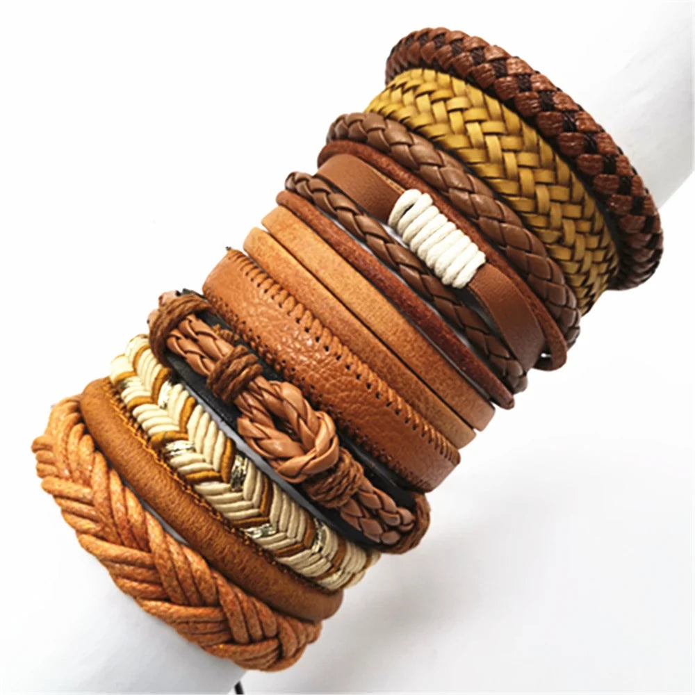 10-Piece Set of Adjustable Leather Wrap Bracelets - Men's Fashion