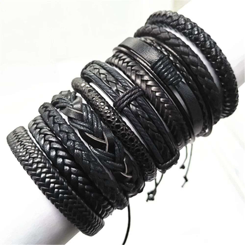 10-Piece Set of Adjustable Leather Wrap Bracelets - Men's Fashion