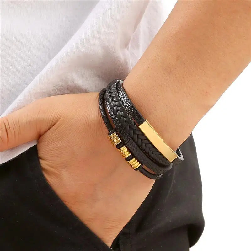 Classic Men's Leather Bracelet - Handwoven Multi-layer Accessory