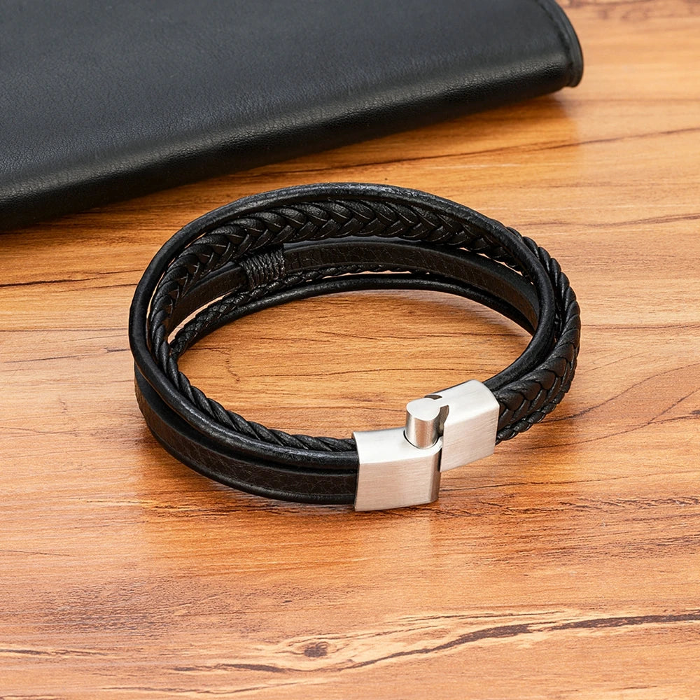 XQNI Luxury Fashion Hand-Woven Leather Bracelet - Multilayer Stainless Steel Magnetic Buckle for Men