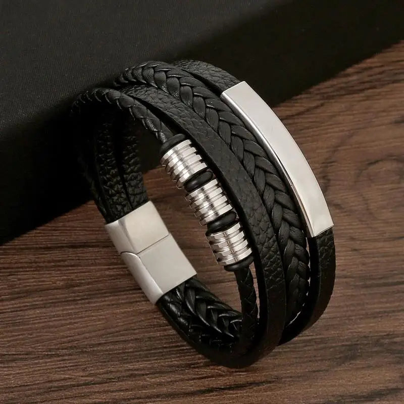 Classic Men's Leather Bracelet - Handwoven Multi-layer Accessory