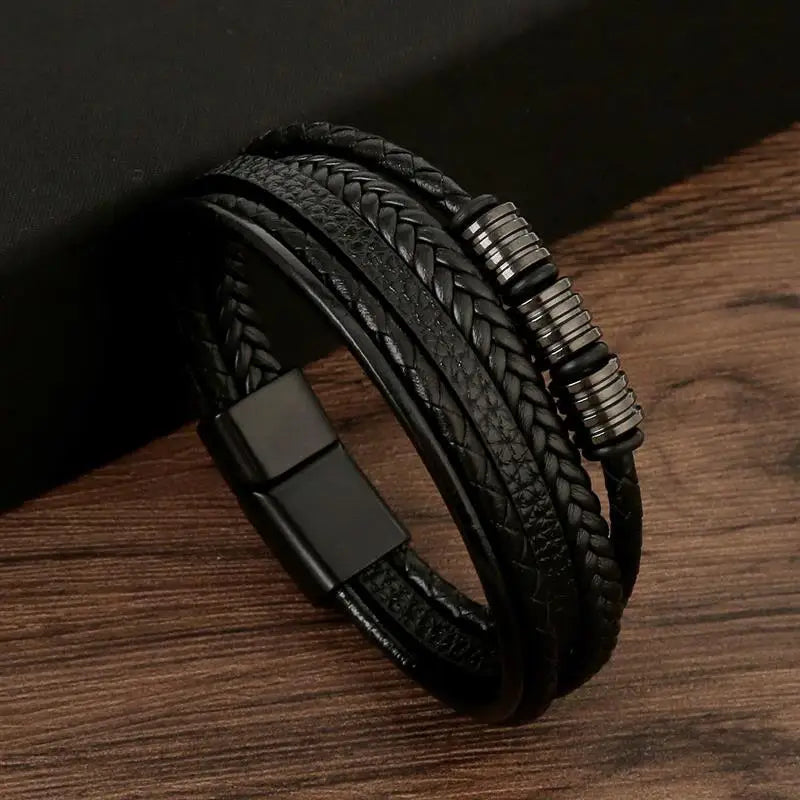 Classic Men's Leather Bracelet - Handwoven Multi-layer Accessory