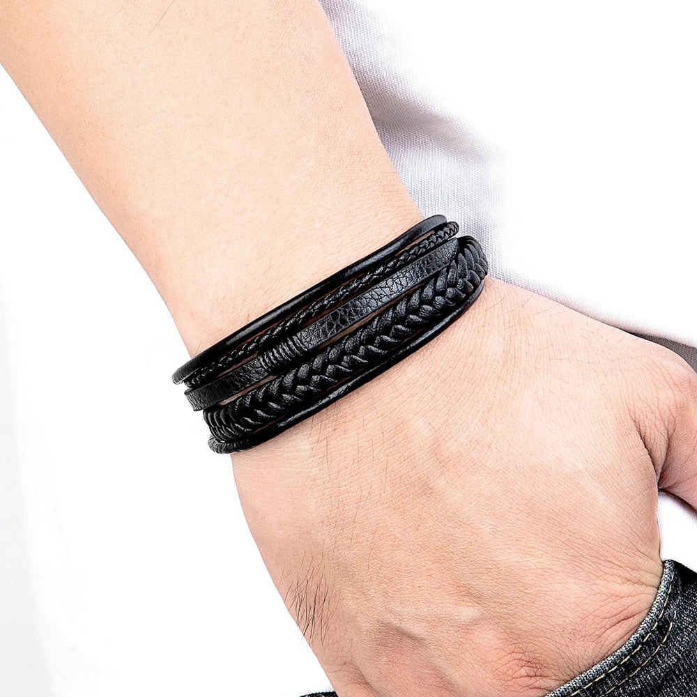 XQNI Luxury Fashion Hand-Woven Leather Bracelet - Multilayer Stainless Steel Magnetic Buckle for Men