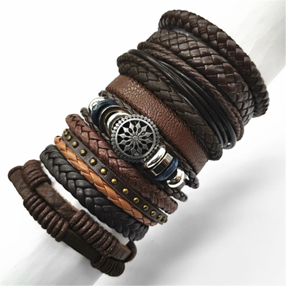 10-Piece Set of Adjustable Leather Wrap Bracelets - Men's Fashion