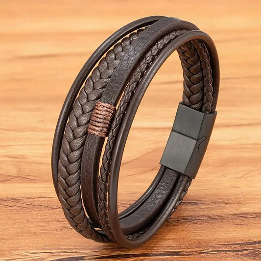 XQNI Luxury Fashion Hand-Woven Leather Bracelet - Multilayer Stainless Steel Magnetic Buckle for Men