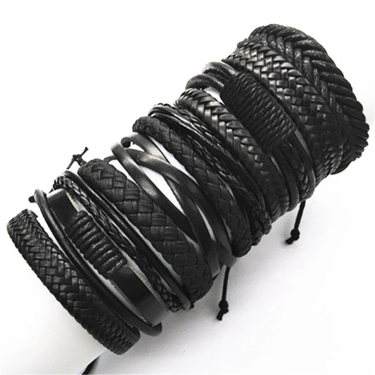 10-Piece Set of Adjustable Leather Wrap Bracelets - Men's Fashion