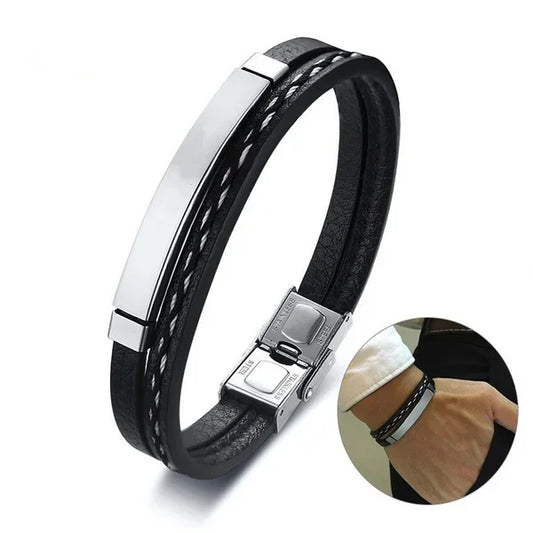 Men's Leather and Stainless Steel Bracelet - Contrast Color Link Chain