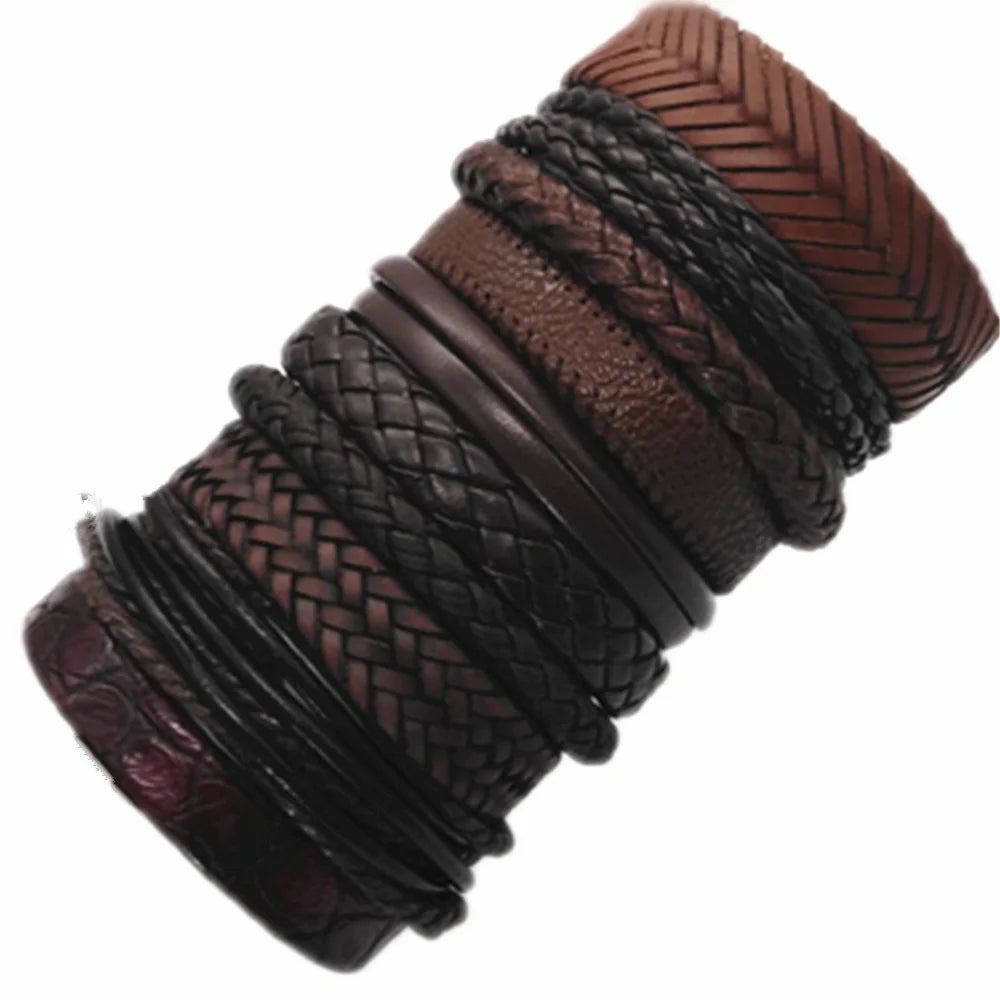 10-Piece Set of Adjustable Leather Wrap Bracelets - Men's Fashion